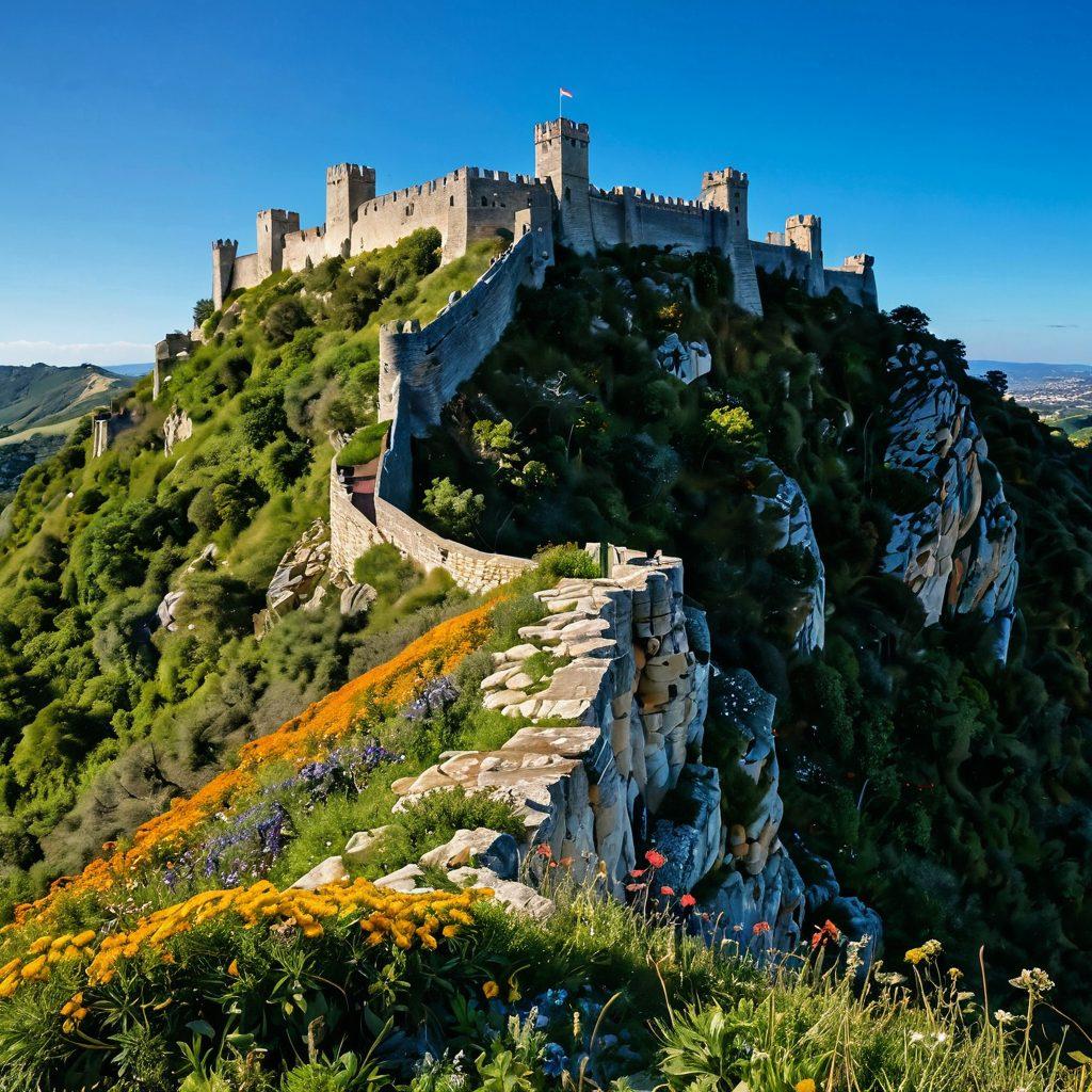 A breathtaking view of the Monte Castelo fortress perched on a hilltop surrounded by lush greenery and vibrant wildflowers, with adventurous hikers exploring the area and a clear blue sky above. Capture the enchanting landscape, blending history and nature, with the fortress's stone walls contrasting against the natural landscape. Include a sense of adventure and tranquility. super-realistic. vibrant colors. panoramic view.