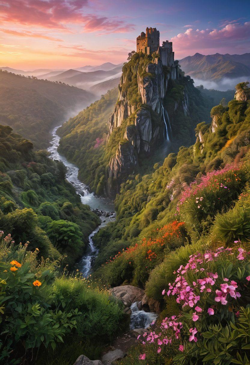 A breathtaking view of Castelo Mountain enveloped in morning mist, showcasing vibrant green forests, cascading waterfalls, and serene hiking trails winding through wildflowers. A diverse group of adventurers at the base, engaged in various outdoor activities like hiking, birdwatching, and photographing the scenery. The sky painted in hues of orange and pink as the sun rises. super-realistic. vibrant colors. 3D.