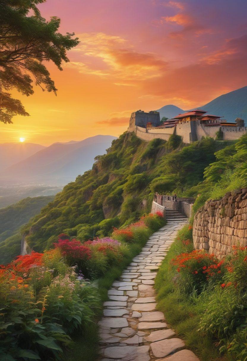 A breathtaking view of a historic hilltop fortress surrounded by lush greenery and vibrant flora. In the foreground, an ancient stone pathway leads up to the fortress, with traditional cultural artifacts like lanterns and banners adorning the scene. The background showcases dramatic mountains and a colorful sunset casting warm hues over the landscape. Include people dressed in traditional attire exploring the area, creating a lively atmosphere. super-realistic. vibrant colors. panoramic view.